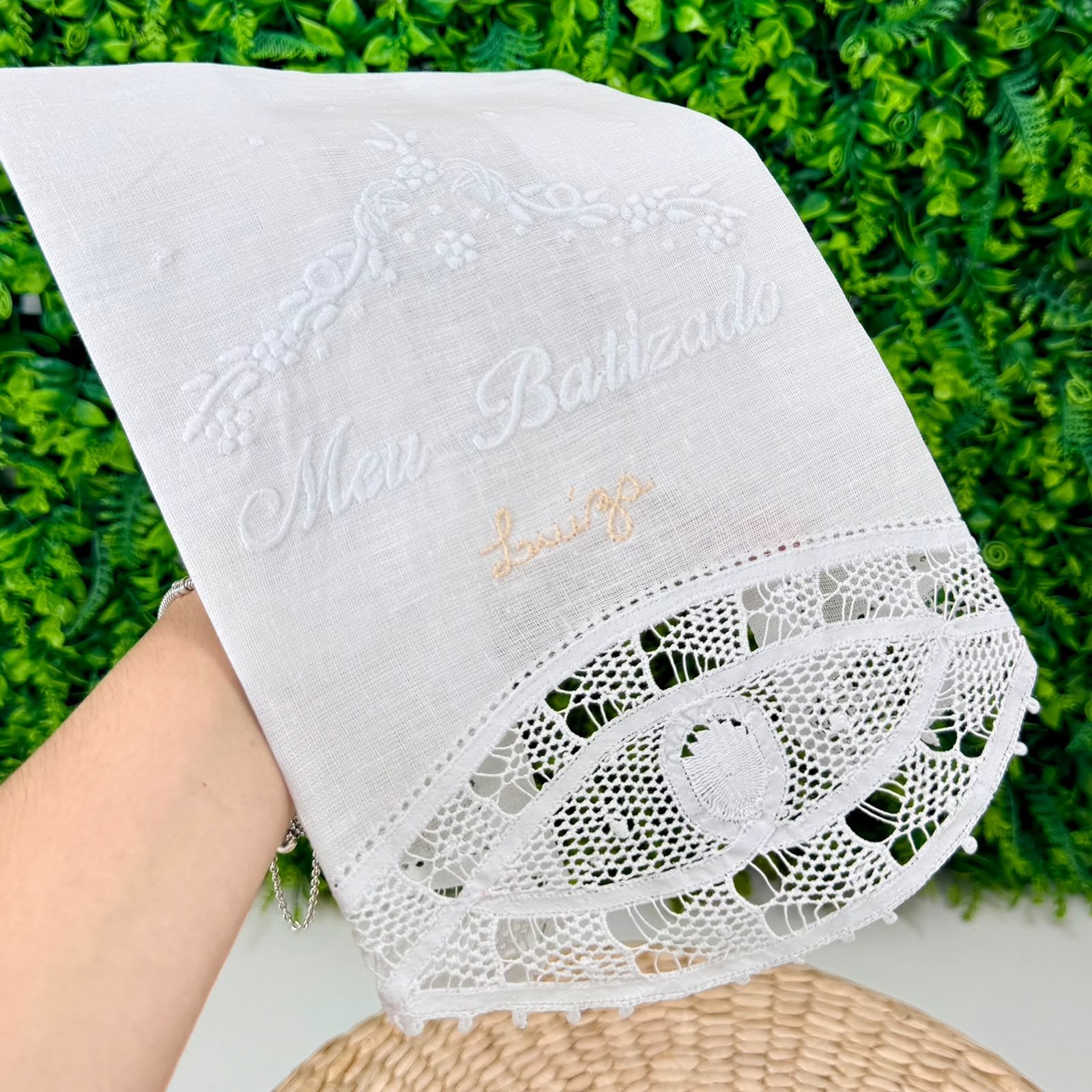 Toalha Meu Batizado Renda Renascença Branca Personalizada