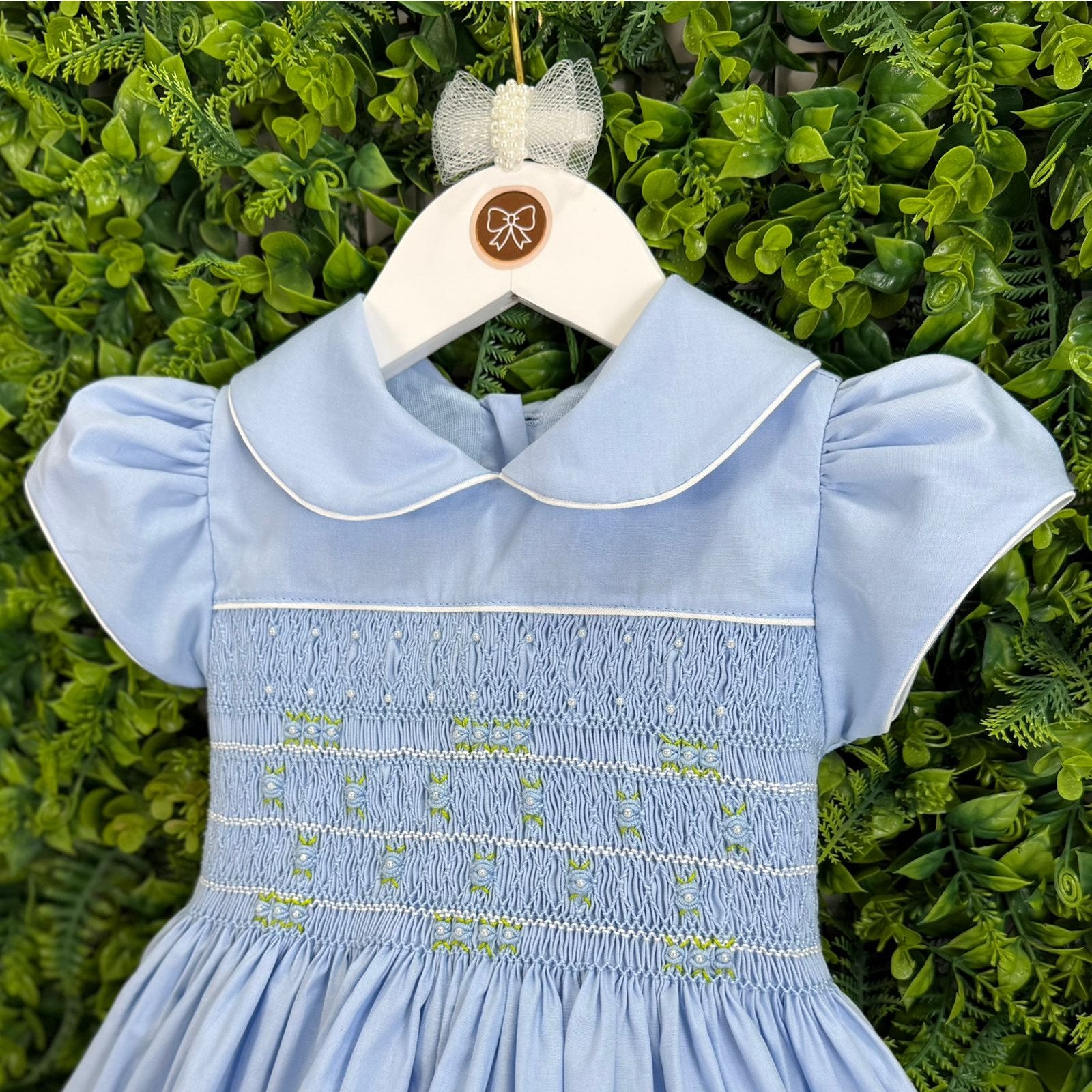 Vestido Ponto Smock Azul Bordado Rococó - Imagem 3