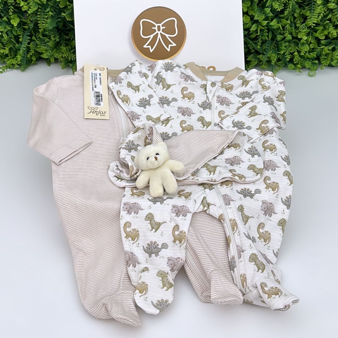 Kit Dois Macacões M/C Estampa Dinossauros  + Naninha