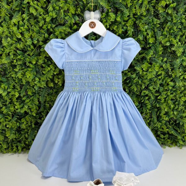 Vestido Ponto Smock Azul Bordado Rococó — imagem 1
