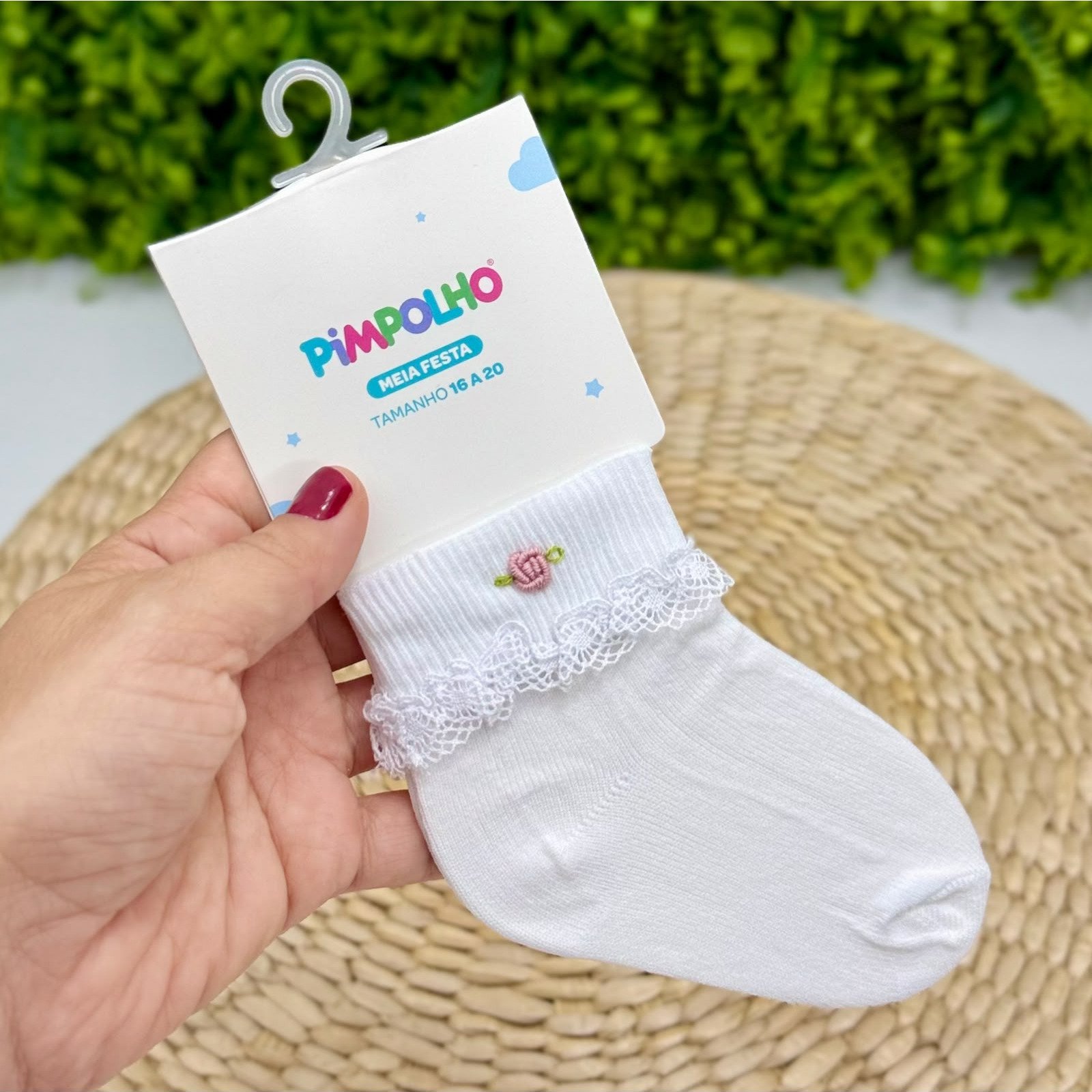 Meia Pimpolho® Bordado Rococó Rosa Chá