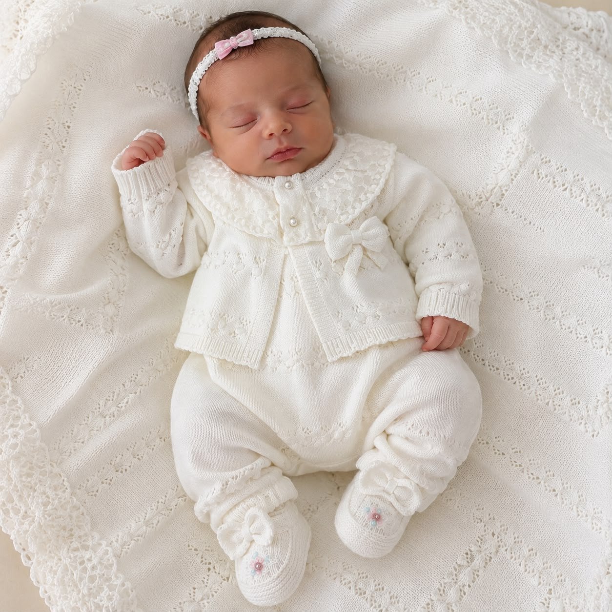 Saída Maternidade Ayla Off White em Tricô com Renda