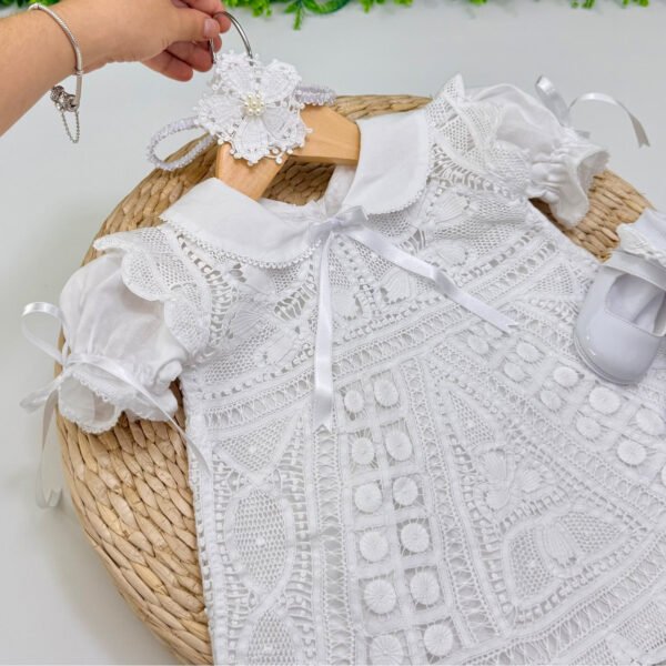 Vestido Batizado Celeste em Renda Renascença Branco — imagem 2