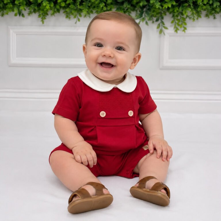 Macacão Curto Bebê Menino Bento Vermelho com Gola Branca