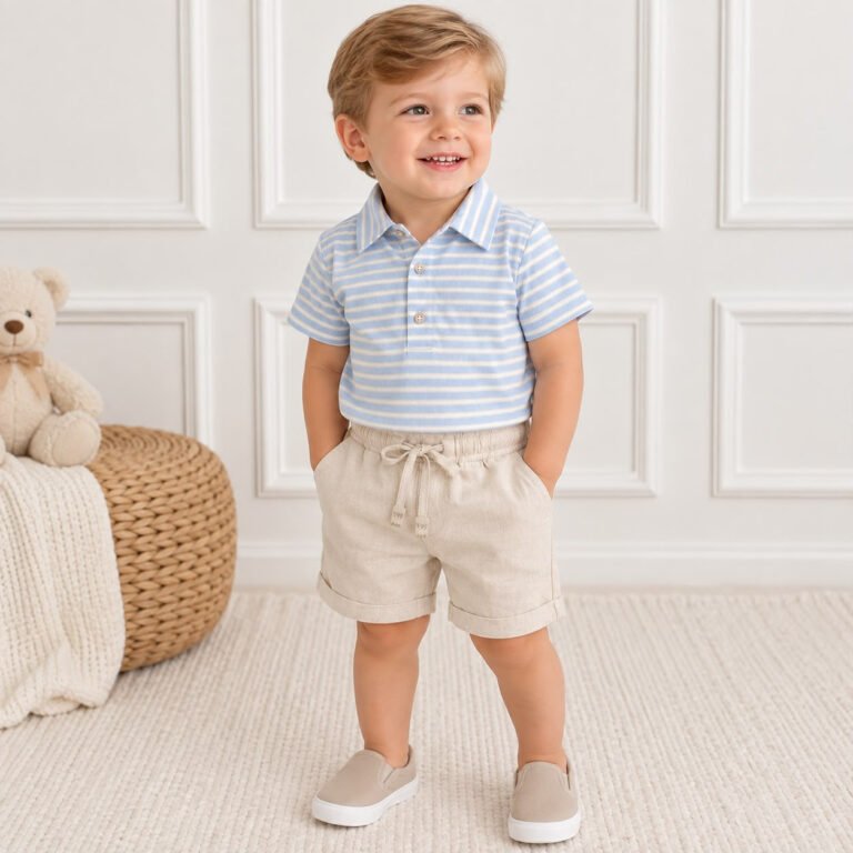 Conjunto Infantil Masculino Camisa Listrada Azul e Shorts Bege