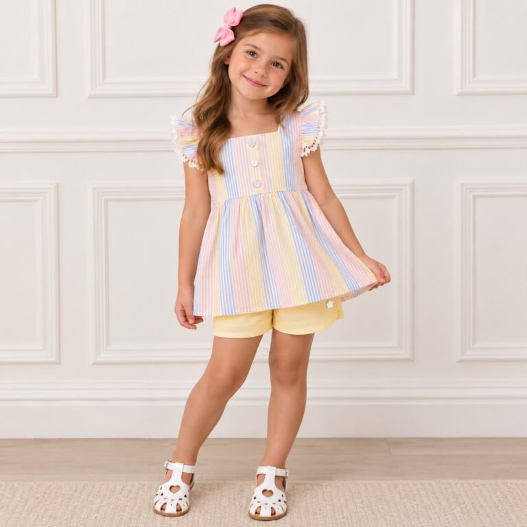 Conjunto Infantil Feminino Listrado Colorido com Shorts Amarelo