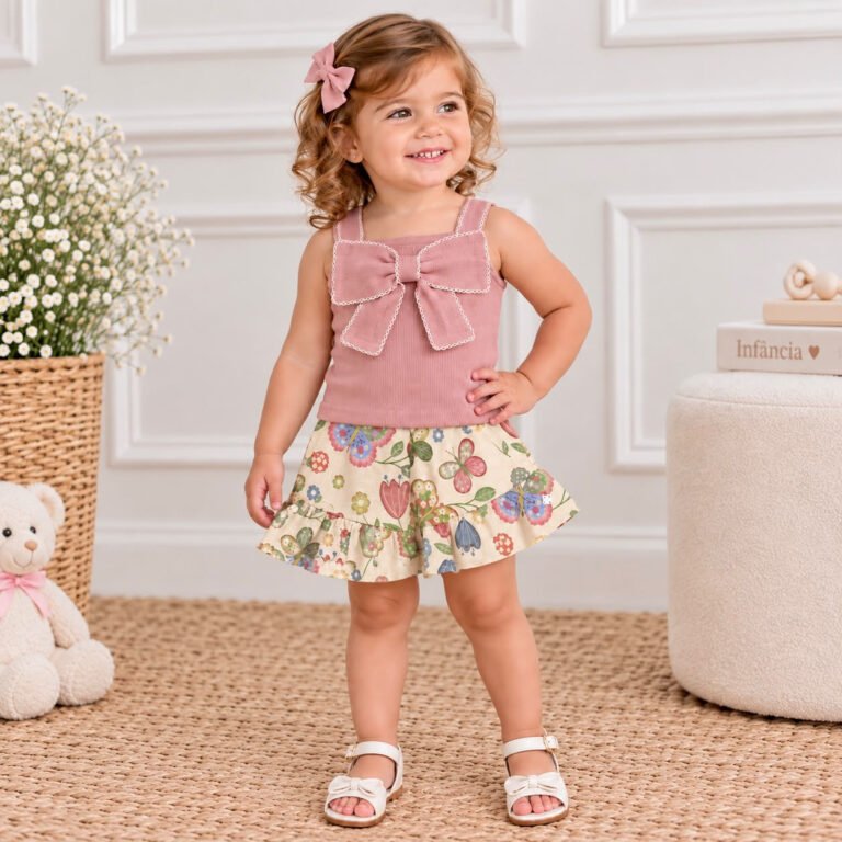 Conjunto Infantil Feminino Blusa Rosa com Laço e Short Floral
