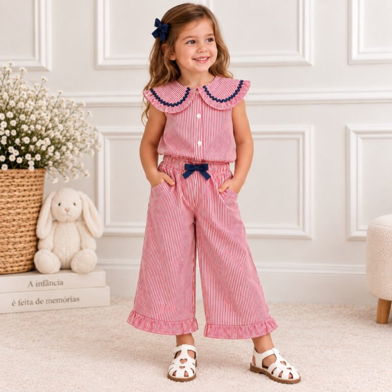 Conjunto Infantil Feminino Listrado Vermelho