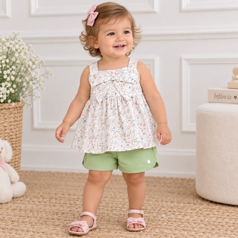Conjunto Infantil Feminino Batinha Floral e Short Verde