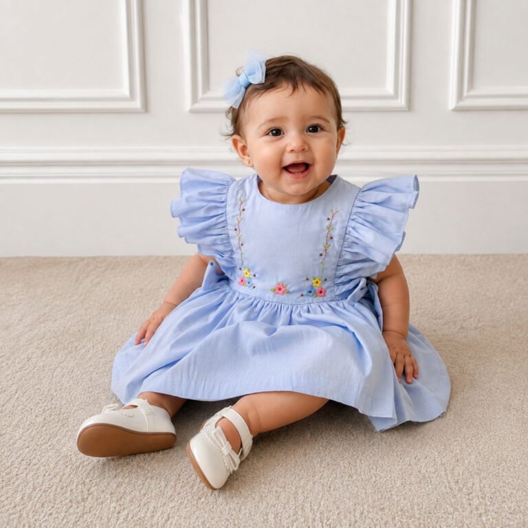 Vestido Infantil Antônia Azul com Bordado Manual Floral