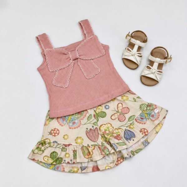 Conjunto Infantil Feminino Blusa Rosa com Laço e Short Floral — imagem 2