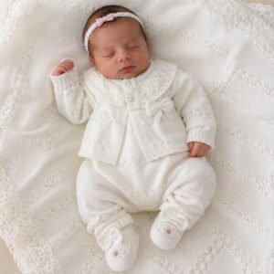 Saída Maternidade Ayla Off White em Tricô com Renda