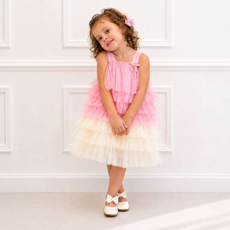 Vestido Infantil Aurora Rosa e Off White em Tule