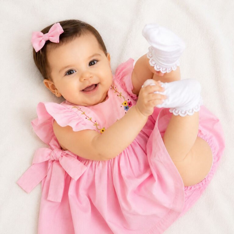 Vestido Infantil Antônia Rosa com Bordado Manual Floral