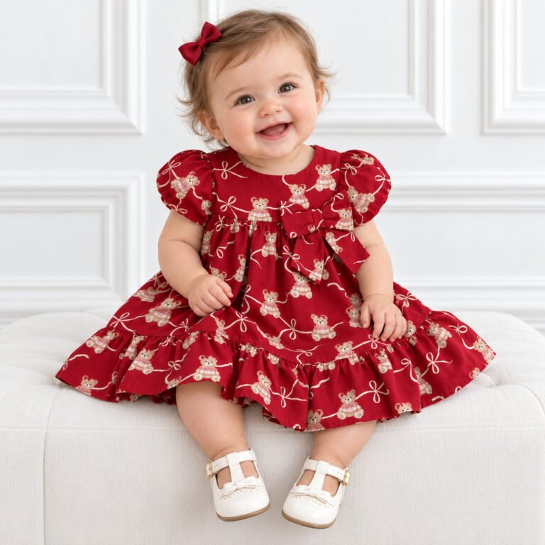 Vestido Infantil Vermelho com Estampa de Ursinhos e Laço