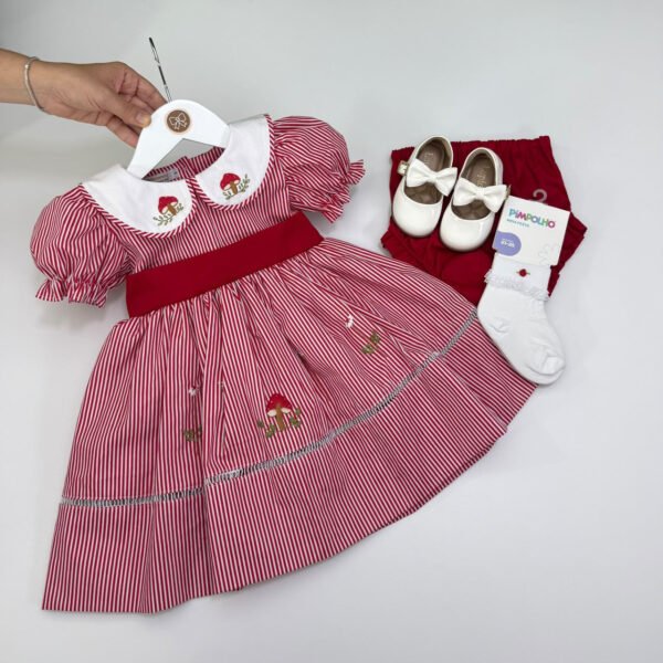 Vestido Infantil Feminino Listrado Vermelho com Gola Bordada - Encomenda — imagem 1