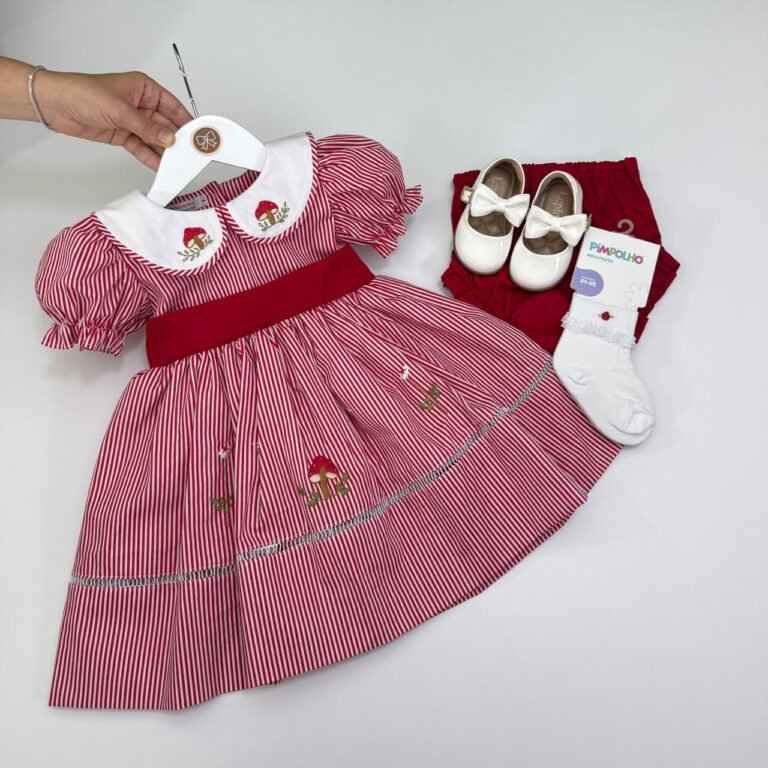 Vestido Infantil Feminino Listrado Vermelho com Gola Bordada - Encomenda