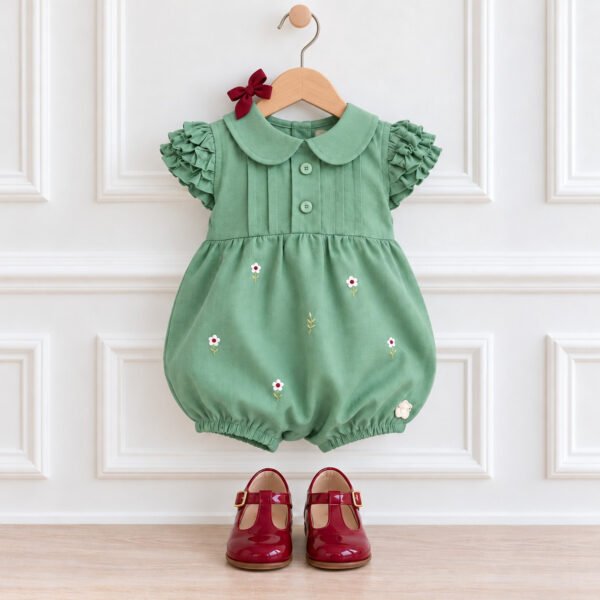 Romper Bebê Menina Verde com Flores Bordadas — imagem 2