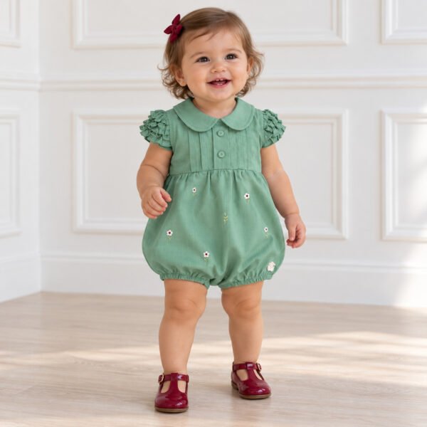 Romper Bebê Menina Verde com Flores Bordadas — imagem 1