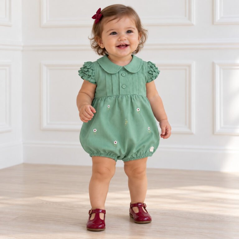 Romper Bebê Menina Verde com Flores Bordadas
