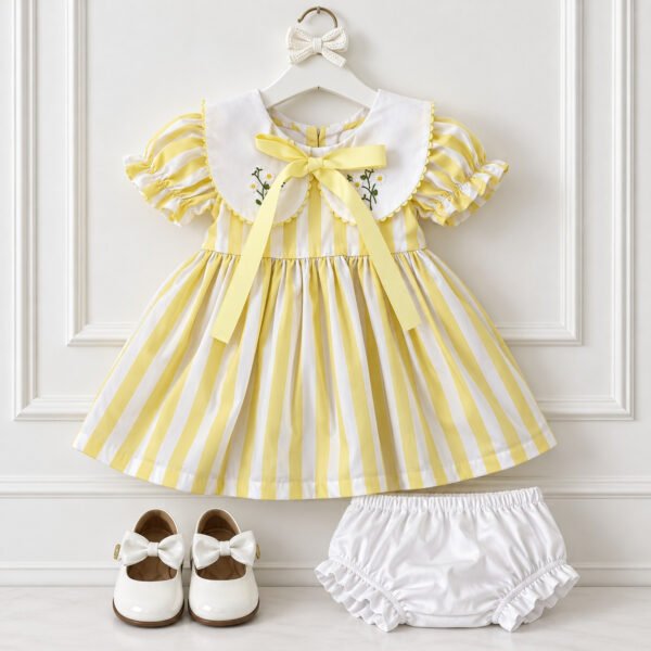 Vestido Infantil Amarelo Listrado com Gola Bordada e Laço — imagem 2