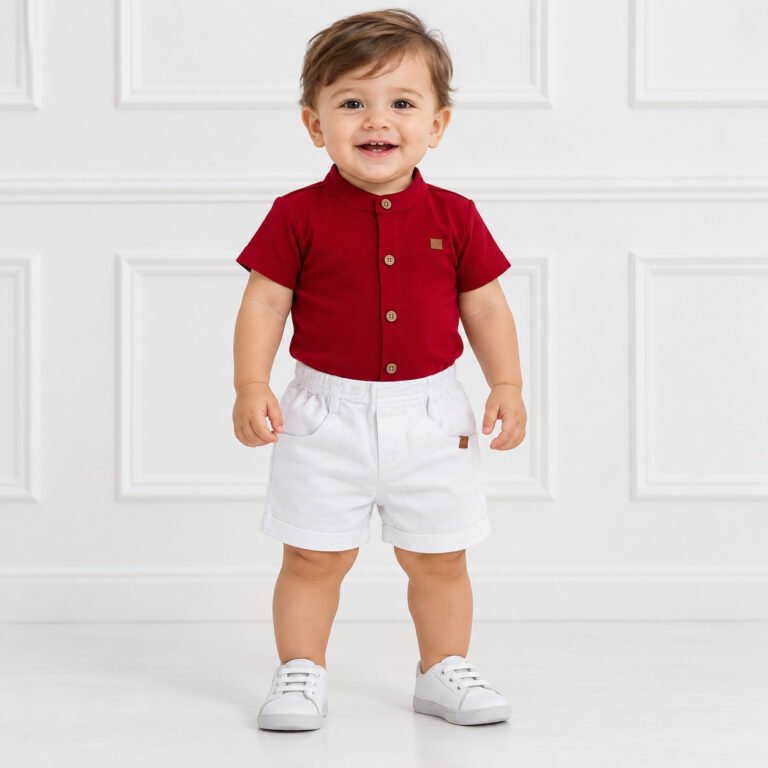 Conjunto Infantil Masculino Body Vermelho e Short Branco