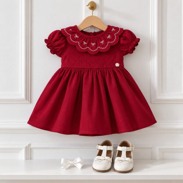 Vestido Infantil Vermelho com Gola Bordada Laços — imagem 2