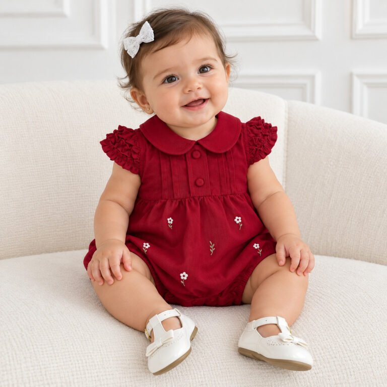 Romper Bebê Menina Vermelho com Flores Bordadas