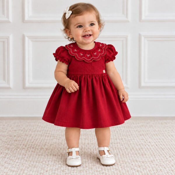 Vestido Infantil Vermelho com Gola Bordada Laços — imagem 1