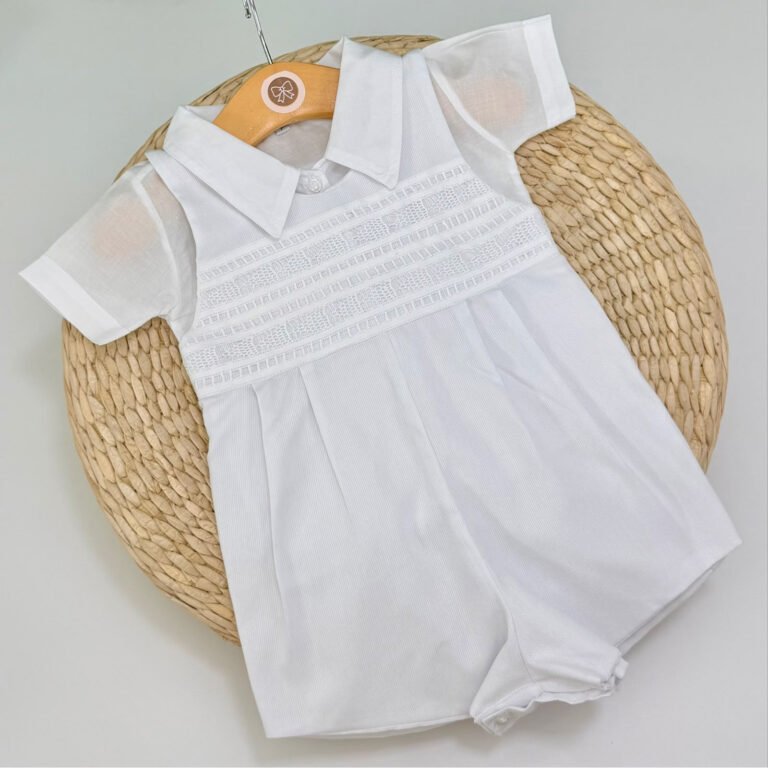 Macacão de Batismo Bebê Menino Branco com Renda