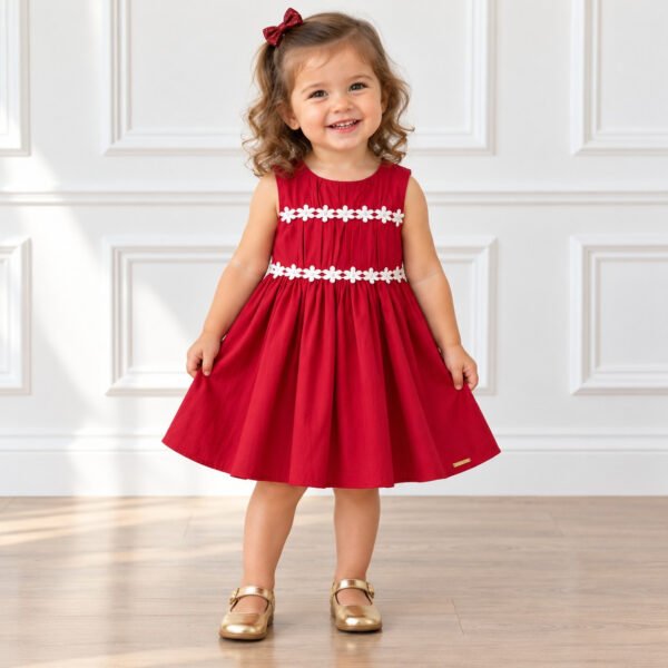 Vestido Infantil Vermelho com Flores Brancas — imagem 1