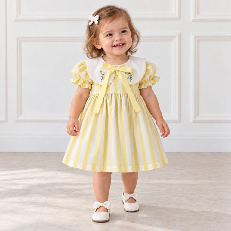 Vestido Infantil Amarelo Listrado com Gola Bordada e Laço