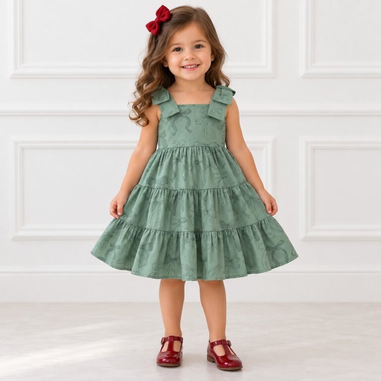 Vestido Infantil Menina Verde com Estampa de Laços