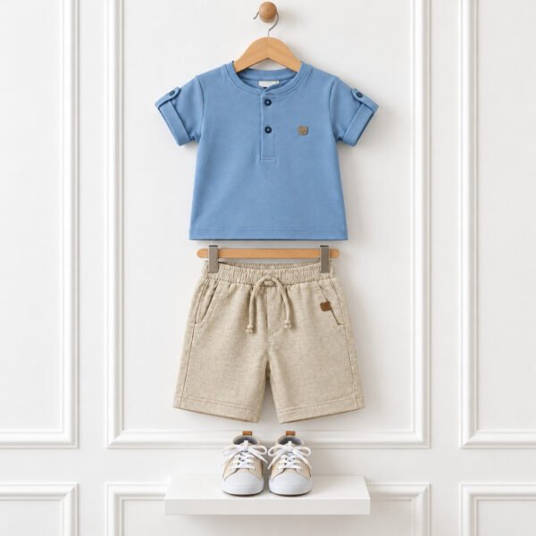 Conjunto Infantil Masculino Camisa Azul e Bermuda Bege — imagem 2