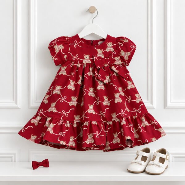 Vestido Infantil Vermelho com Estampa de Ursinhos e Laço — imagem 2