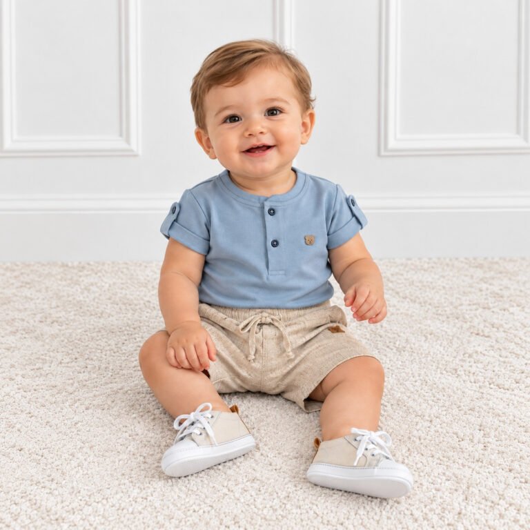 Conjunto Infantil Masculino Camisa Azul e Bermuda Bege
