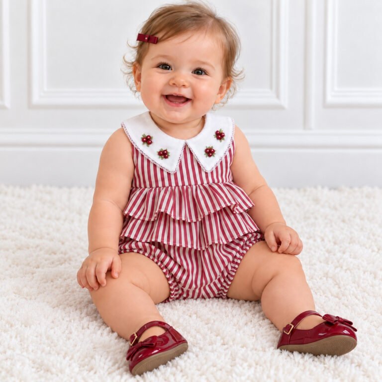 Pimpão Infantil Feminino Listrado Vermelho com Gola Bordada