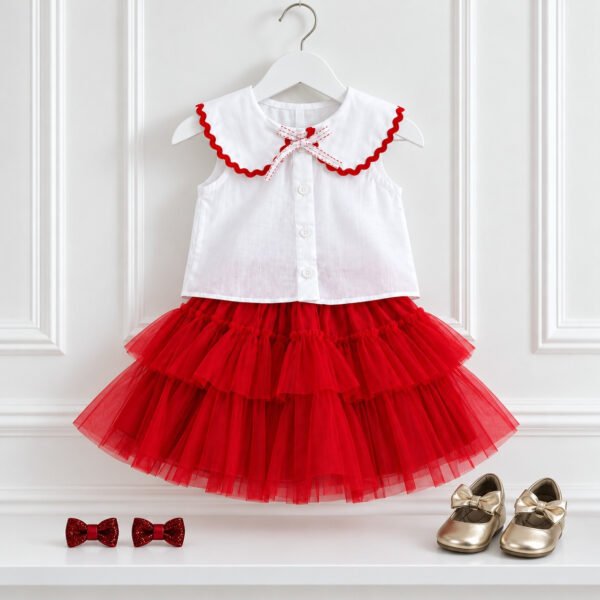 Conjunto Infantil Menina Vermelho com Saia de Tule e Blusa Branca — imagem 1