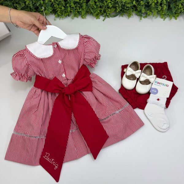 Vestido Infantil Feminino Listrado Vermelho com Gola Bordada - Encomenda — imagem 2