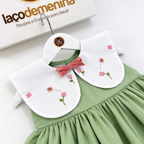 Vestido Infantil Feminino Verde com Bordado Floral — imagem 3