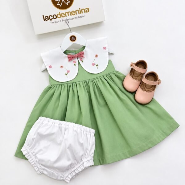 Vestido Infantil Feminino Verde com Bordado Floral — imagem 2