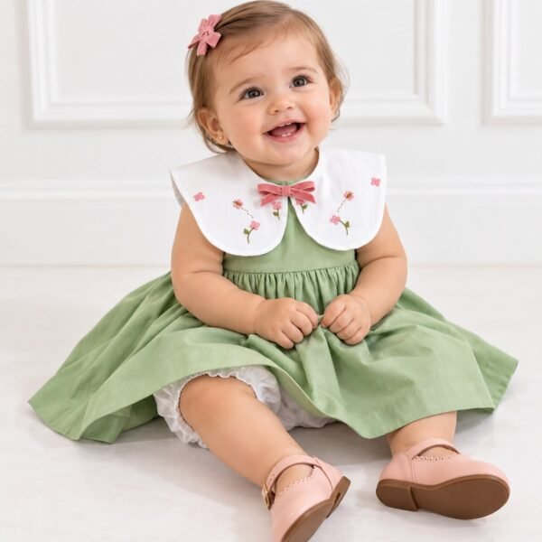 Vestido Infantil Feminino Verde com Bordado Floral — imagem 1
